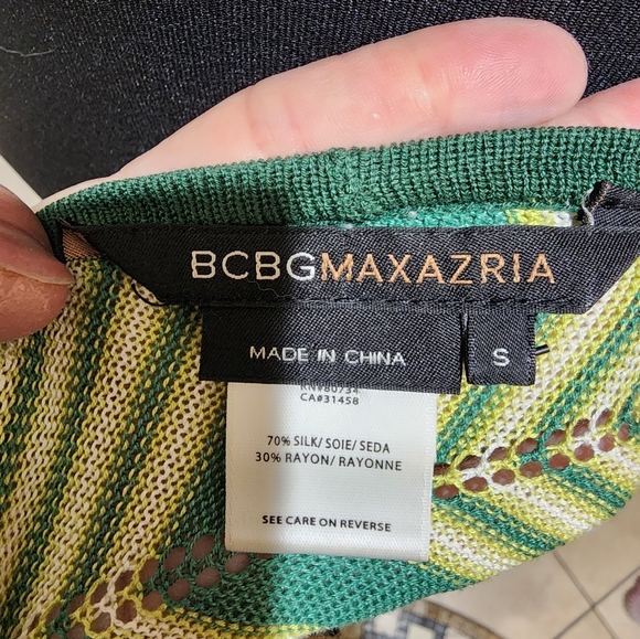 BCBG Maxaria Zig Zag Chevron Green Brown Silk Blend Open Cardigan S NWOT - Picture 6 of 6
